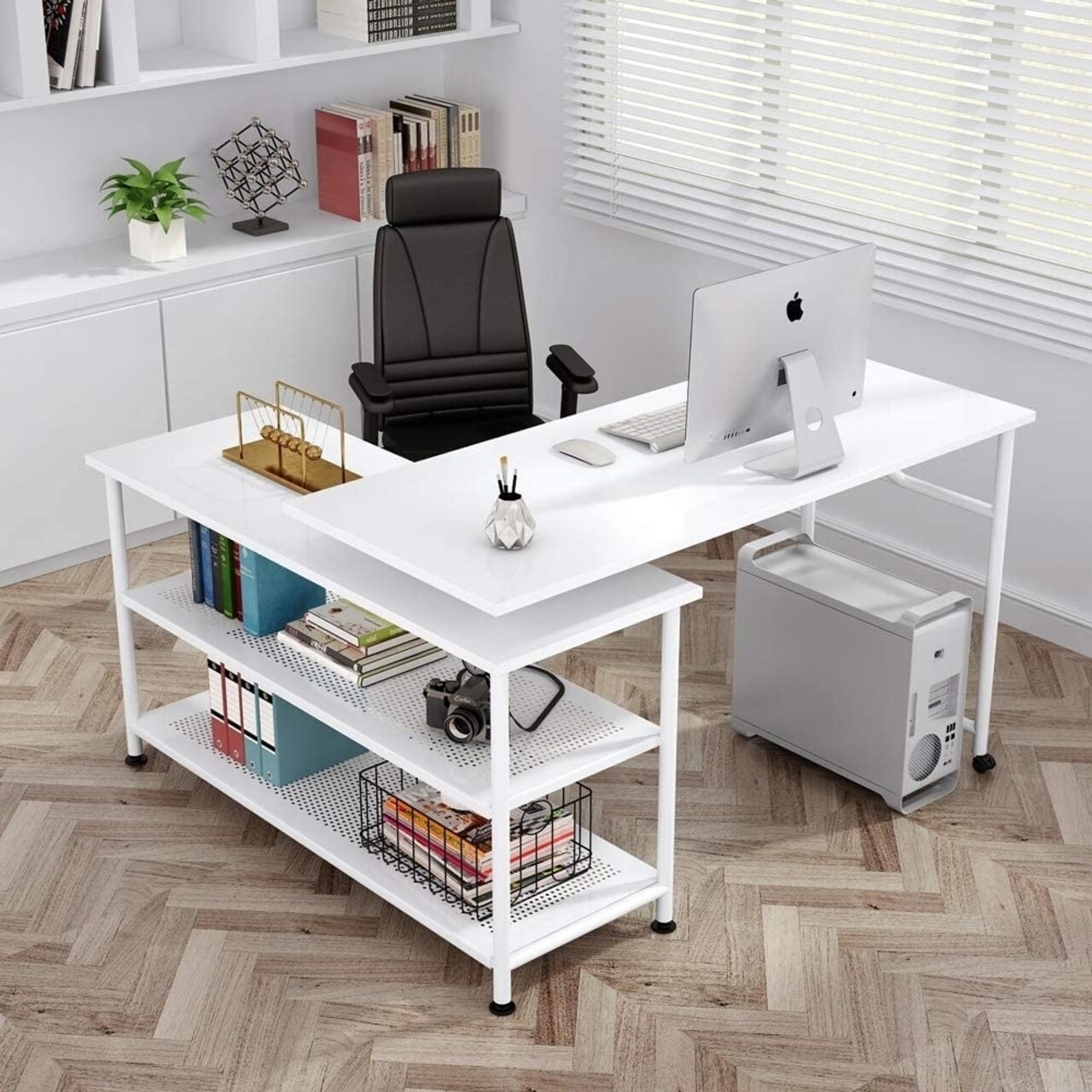 Tribesigns L-Shaped Desk With Storage Shelves Rotating Modern Computer Table Black